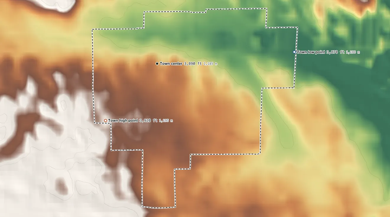 Topographic elevation map of Eckley, Colorado, shaded from 3,870 ft on the east side to 3,920 ft on the southwest side