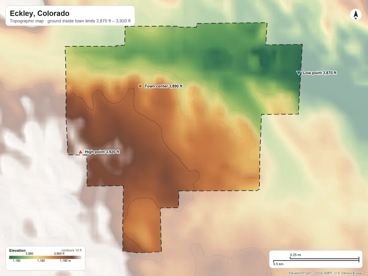 Topographic elevation map of Eckley, Colorado, shaded from 3,870 ft on the east side to 3,920 ft on the southwest side