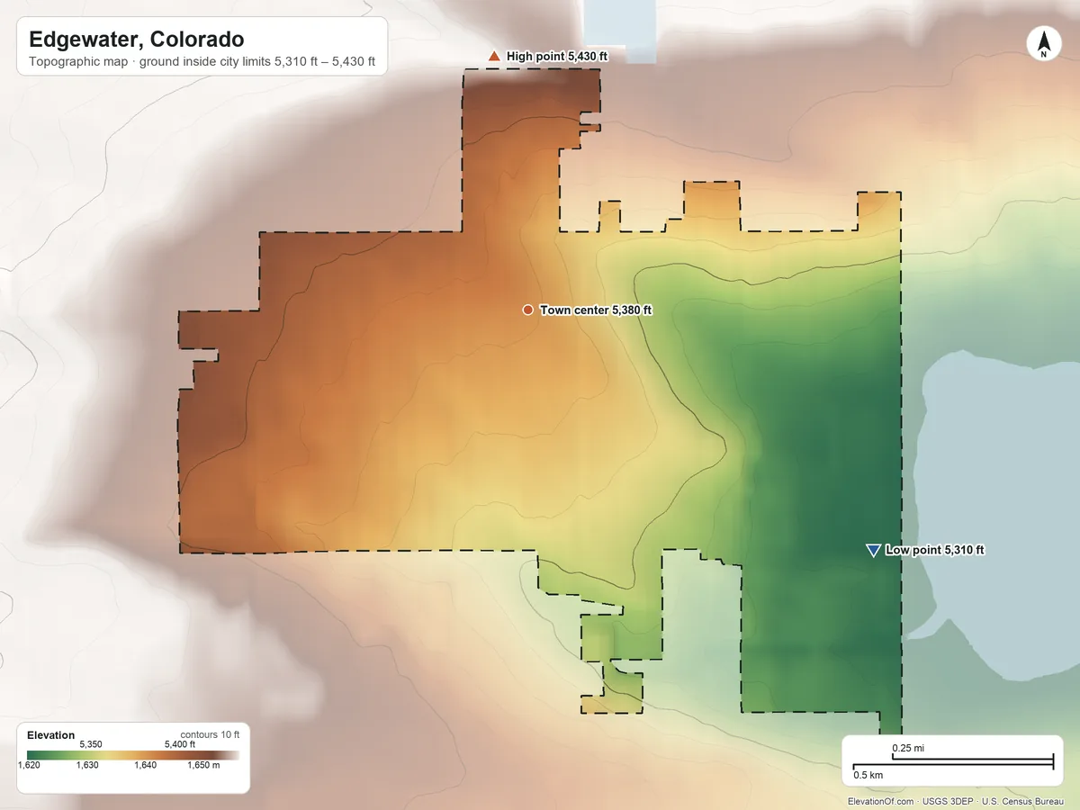 Topographic elevation map of Edgewater, Colorado, shaded from 5,310 ft on the southeast side to 5,430 ft on the north side