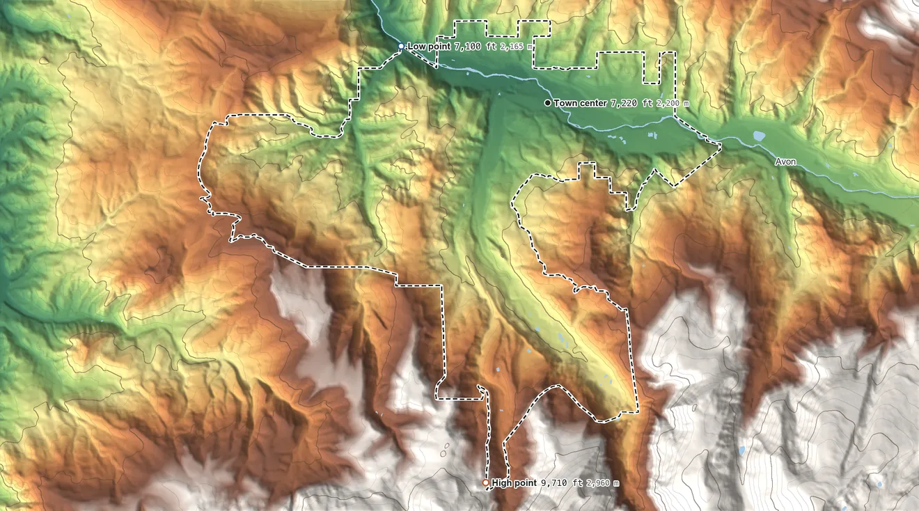 Topographic elevation map of Edwards, Colorado, shaded from 7,100 ft on the west side to 9,710 ft on the south edge, below higher ground just outside