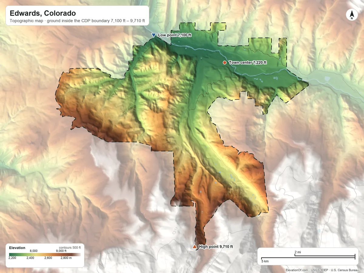 Topographic elevation map of Edwards, Colorado, shaded from 7,100 ft on the west side to 9,710 ft on the south edge, below higher ground just outside
