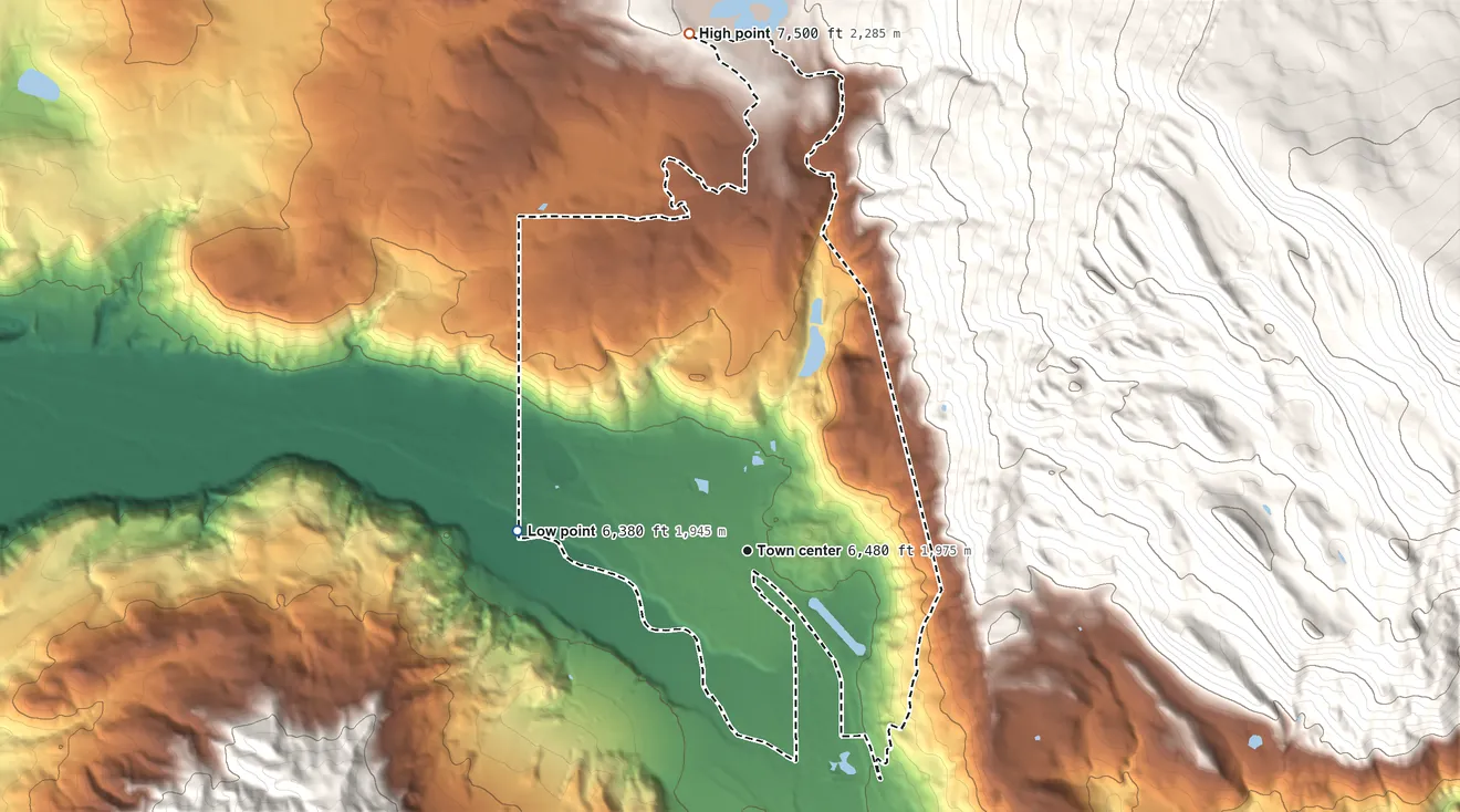 Topographic elevation map of El Jebel, Colorado, shaded from 6,380 ft on the west side to 7,500 ft on the north edge, below higher ground just outside