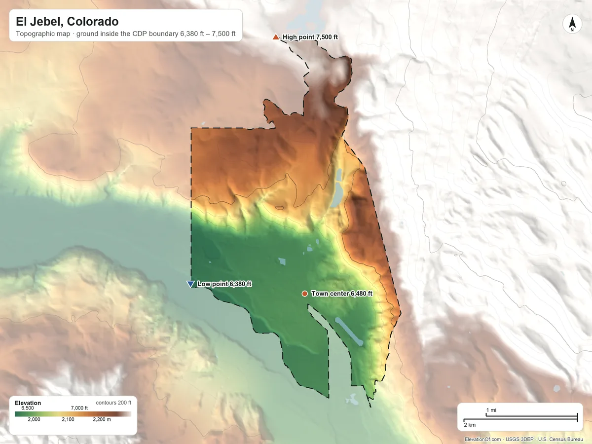 Topographic elevation map of El Jebel, Colorado, shaded from 6,380 ft on the west side to 7,500 ft on the north edge, below higher ground just outside