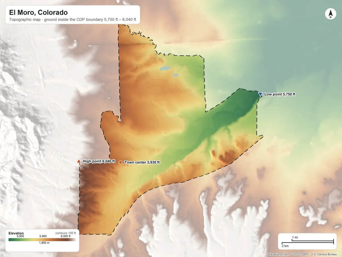 Topographic elevation map of El Moro, Colorado, shaded from 5,750 ft on the northeast side to 6,040 ft on the west edge, below higher ground just outside