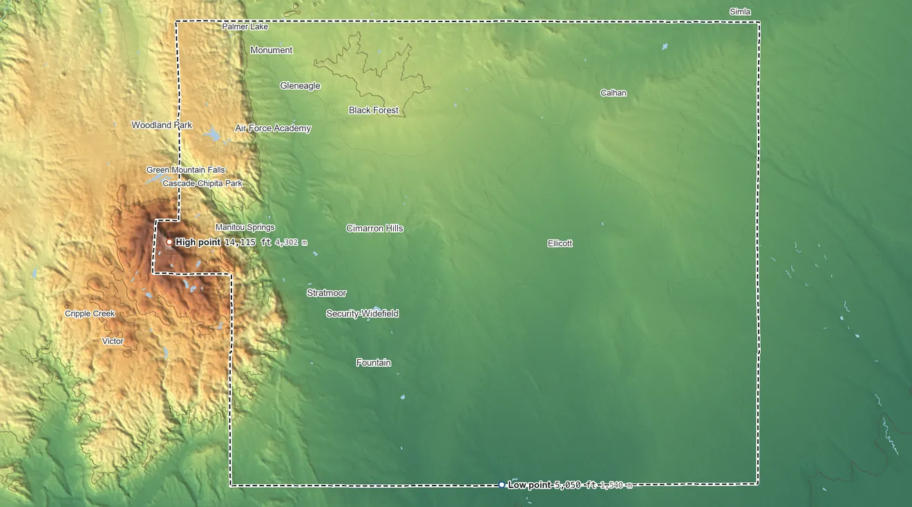 Topographic elevation map of El Paso County, Colorado, shaded from 5,050 ft on the south side to 14,115 ft on Pikes Peak