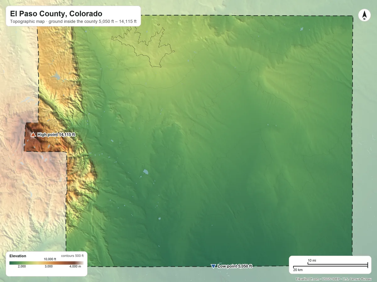 Topographic elevation map of El Paso County, Colorado, shaded from 5,050 ft on the south side to 14,115 ft on Pikes Peak