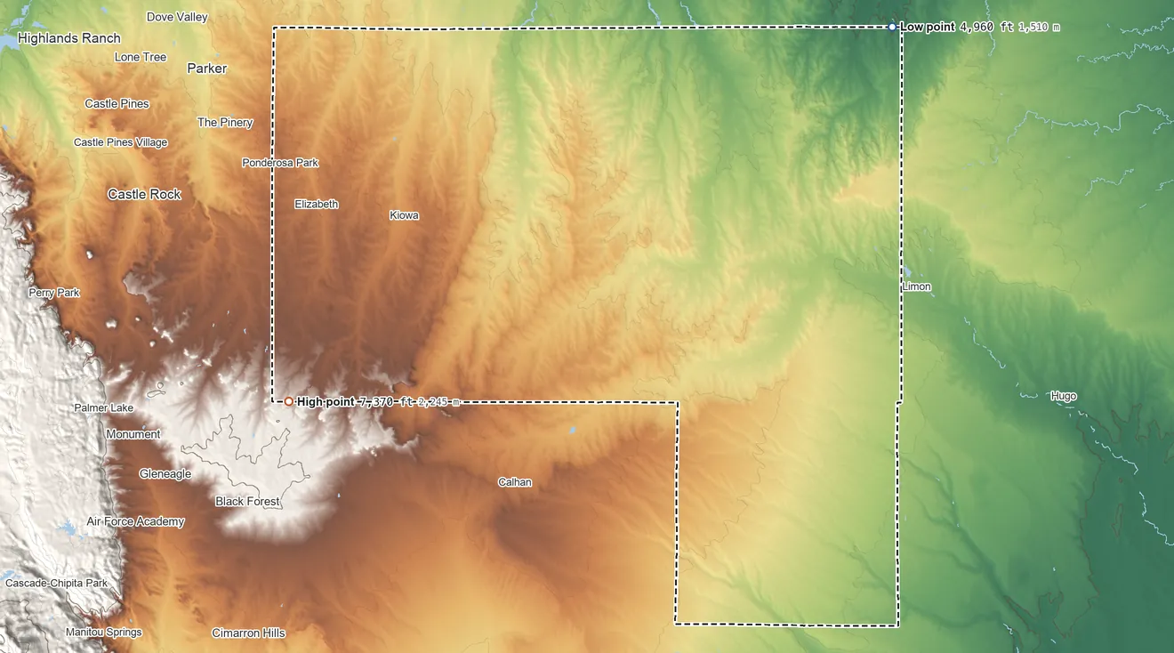 Topographic elevation map of Elbert County, Colorado, shaded from 4,960 ft on the northeast side to 7,370 ft on the west side