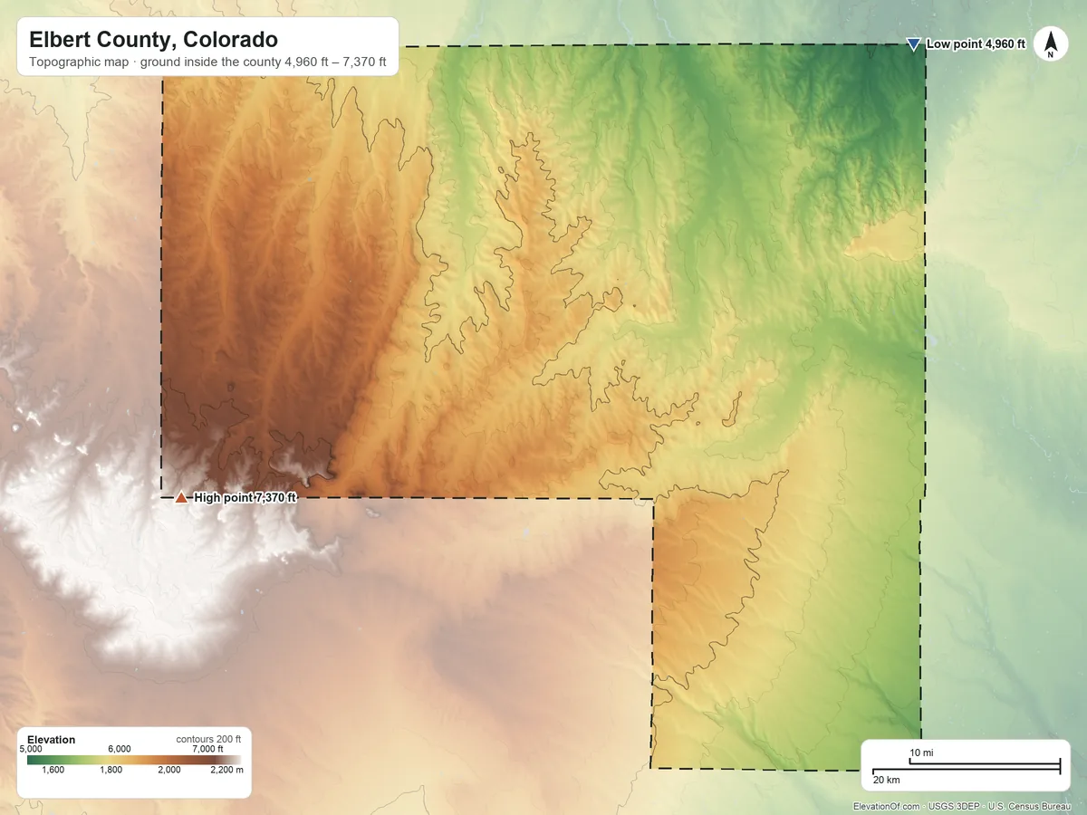 Topographic elevation map of Elbert County, Colorado, shaded from 4,960 ft on the northeast side to 7,370 ft on the west side