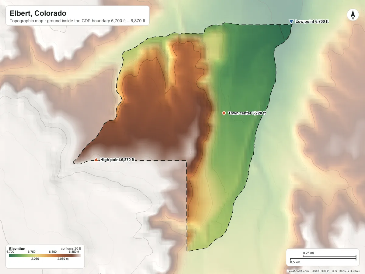 Topographic elevation map of Elbert, Colorado, shaded from 6,700 ft on the northeast side to 6,870 ft on the west side