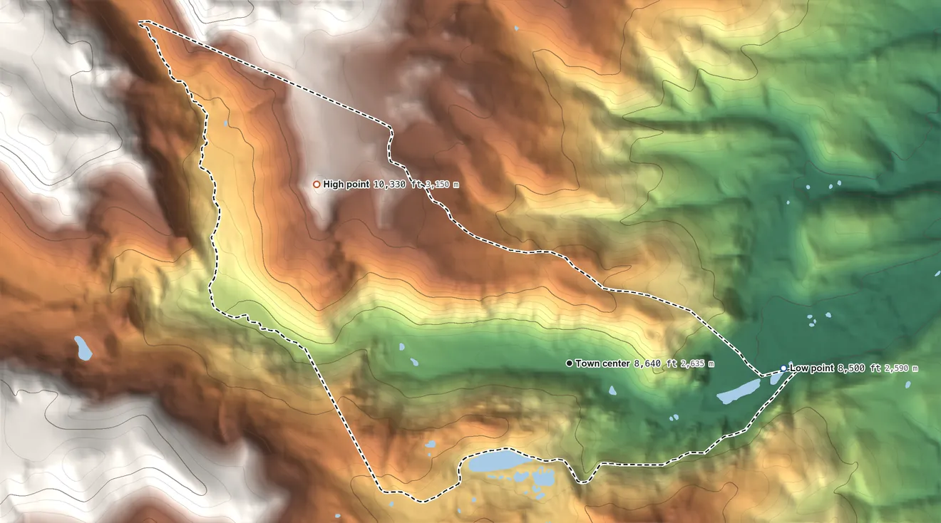 Topographic elevation map of Eldora, Colorado, shaded from 8,500 ft on the east side to 10,330 ft at the foot of the Indian Peaks