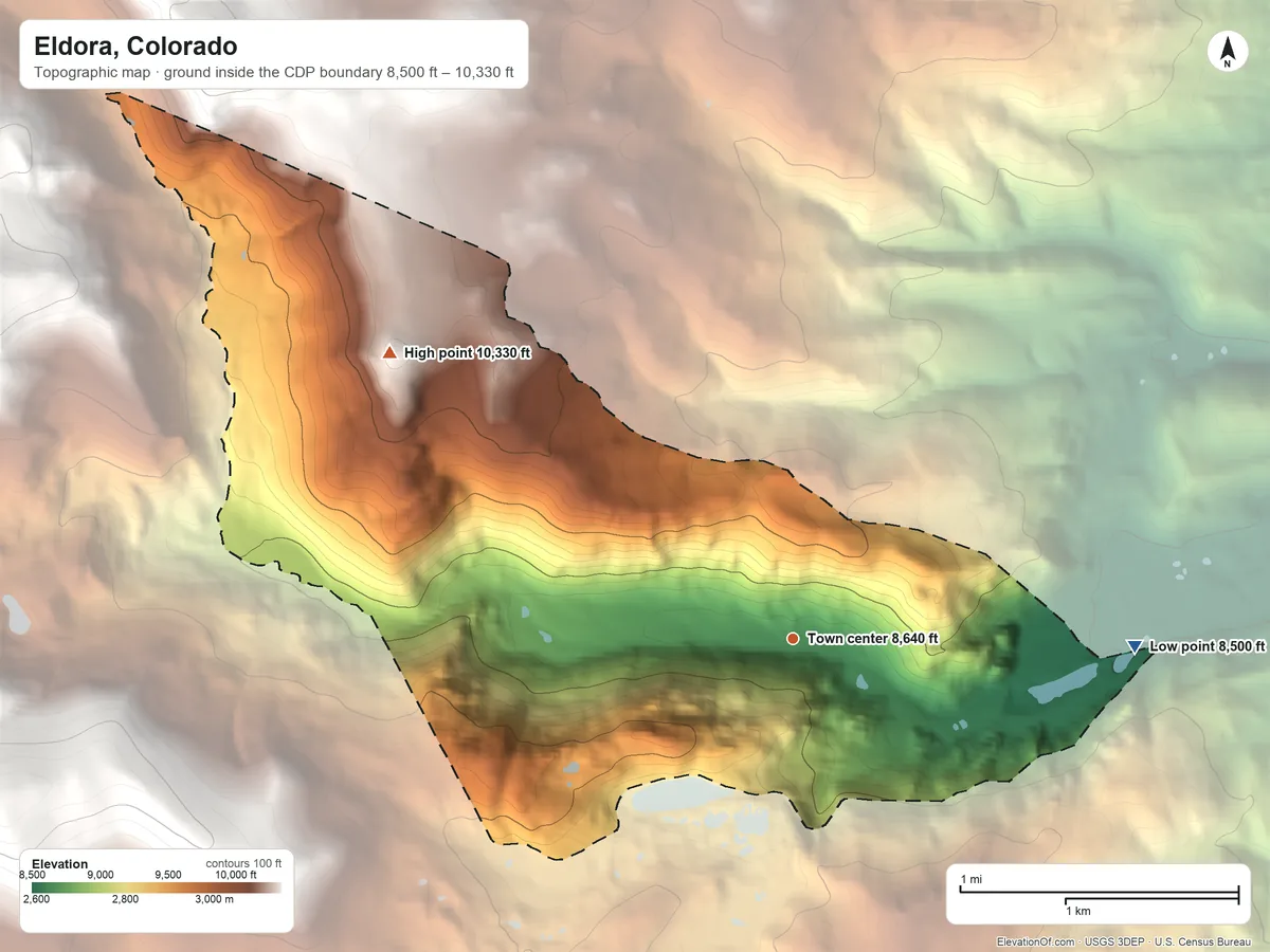 Topographic elevation map of Eldora, Colorado, shaded from 8,500 ft on the east side to 10,330 ft at the foot of the Indian Peaks