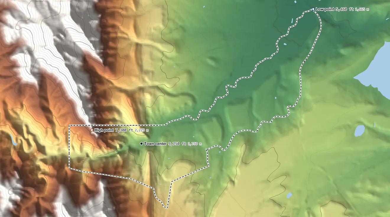 Topographic elevation map of Eldorado Springs, Colorado, shaded from 5,460 ft on the northeast side to 7,300 ft on the west edge, below higher ground just outside