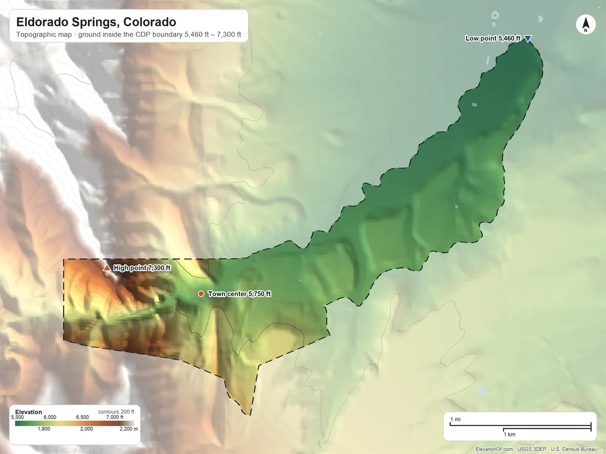Topographic elevation map of Eldorado Springs, Colorado, shaded from 5,460 ft on the northeast side to 7,300 ft on the west edge, below higher ground just outside