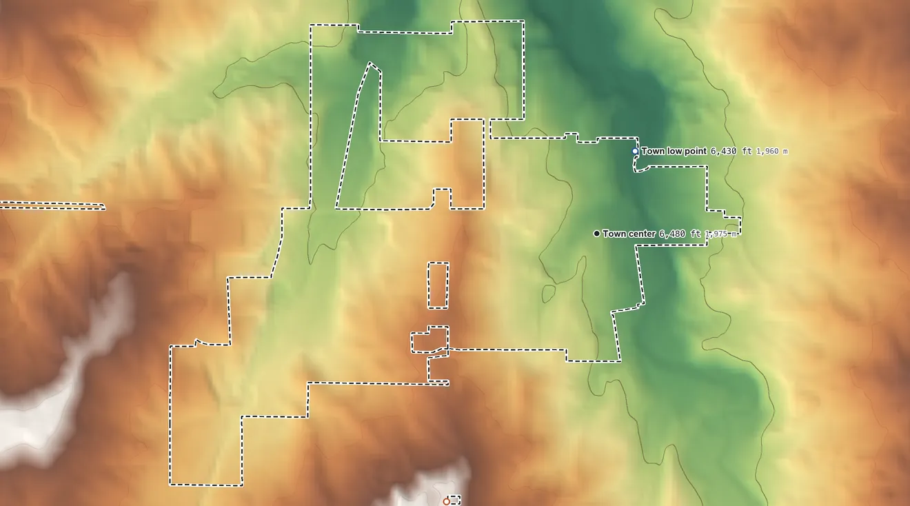 Topographic elevation map of Elizabeth, Colorado, shaded from 6,430 ft on the northeast side to 6,710 ft on the southwest side