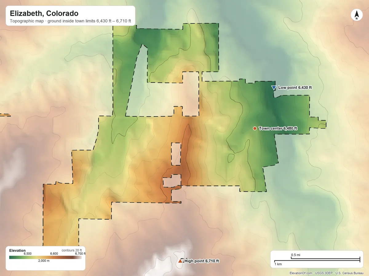 Topographic elevation map of Elizabeth, Colorado, shaded from 6,430 ft on the northeast side to 6,710 ft on the southwest side