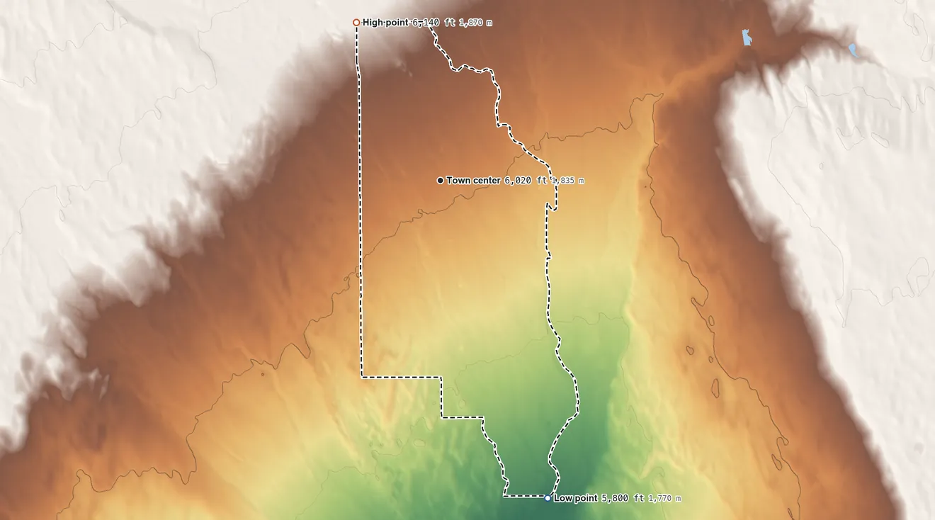 Topographic elevation map of Ellicott, Colorado, shaded from 5,800 ft on the south side to 6,140 ft on the northwest side
