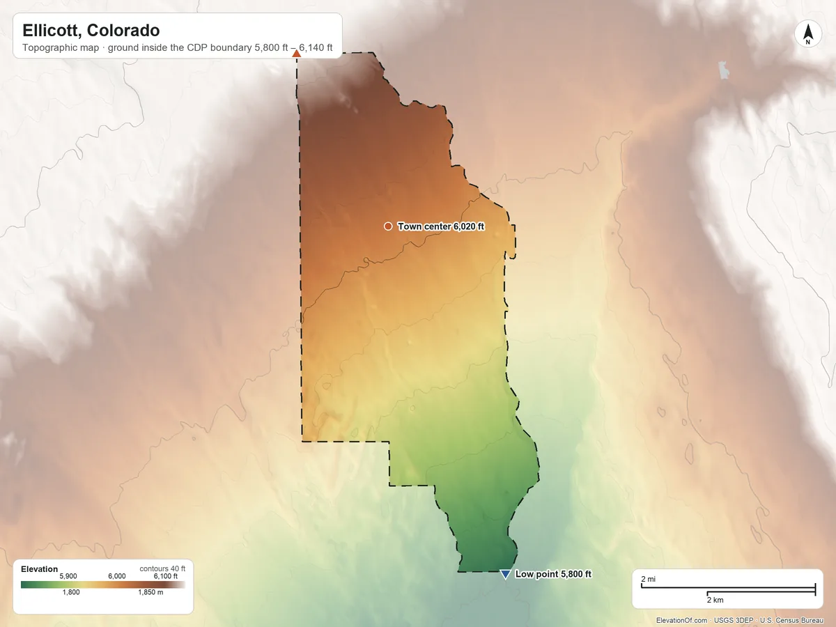 Topographic elevation map of Ellicott, Colorado, shaded from 5,800 ft on the south side to 6,140 ft on the northwest side