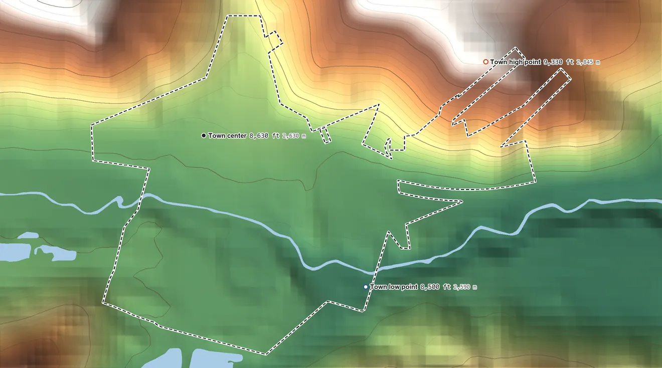 Topographic elevation map of Empire, Colorado, shaded from 8,500 ft on the southeast side to 9,330 ft at the foot of the Front Range