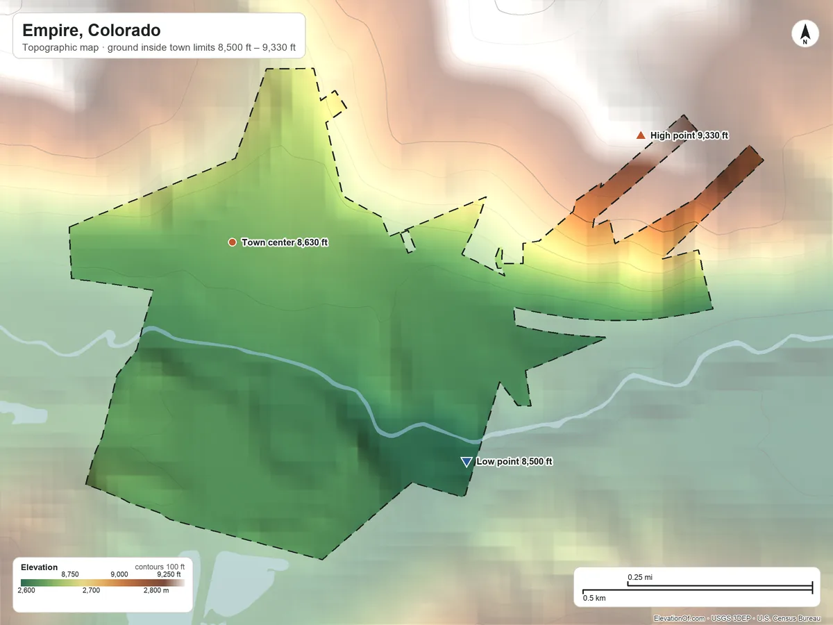 Topographic elevation map of Empire, Colorado, shaded from 8,500 ft on the southeast side to 9,330 ft at the foot of the Front Range