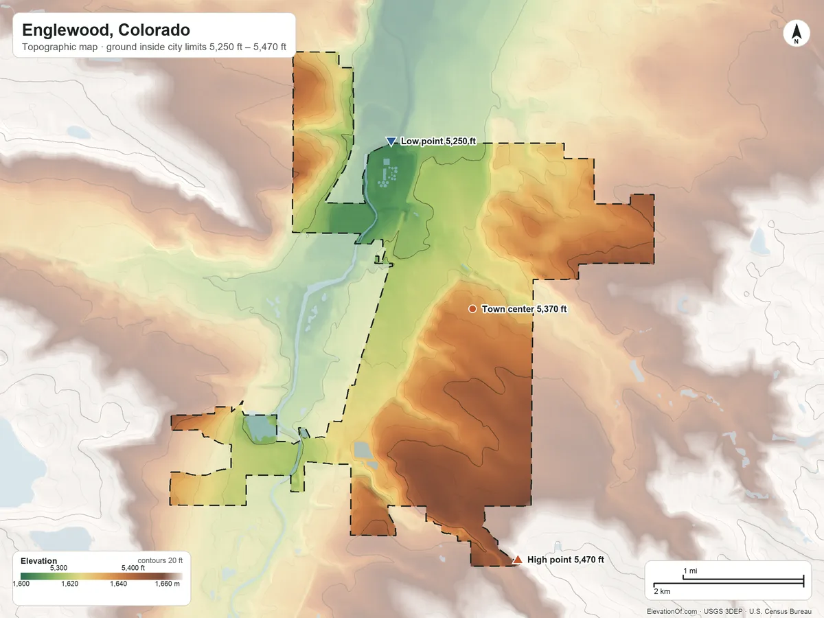 Topographic elevation map of Englewood, Colorado, shaded from 5,250 ft on the northwest side to 5,470 ft on the south side