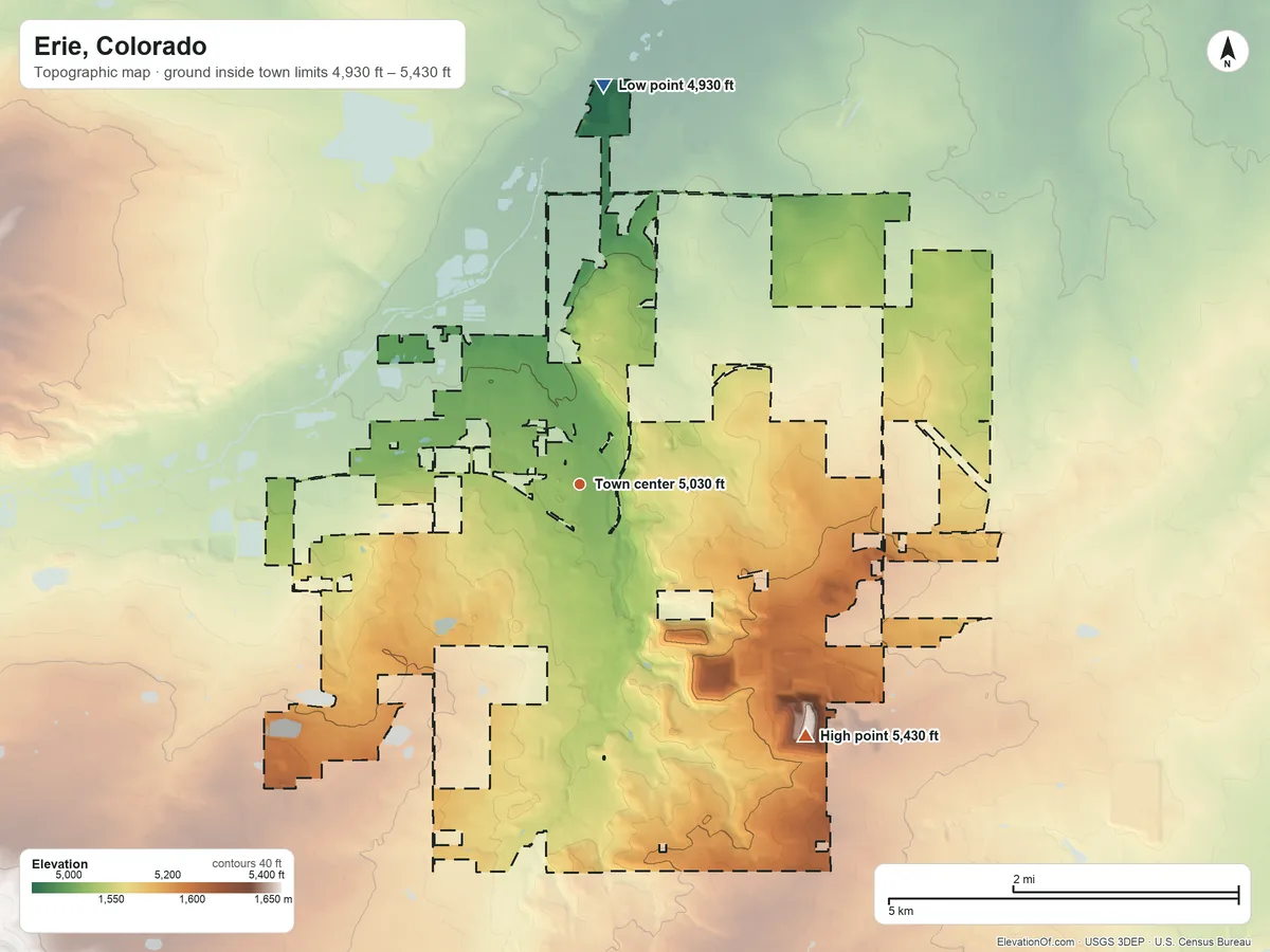 Topographic elevation map of Erie, Colorado, shaded from 4,930 ft on the north side to 5,430 ft on the southeast side