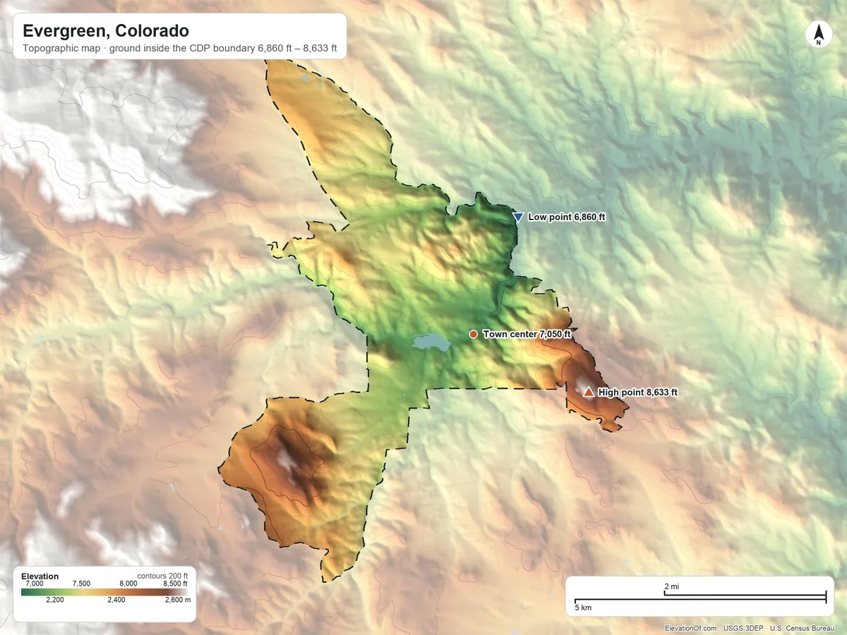 Topographic elevation map of Evergreen, Colorado, shaded from 6,860 ft on the north side to 8,633 ft on Bear Mountain