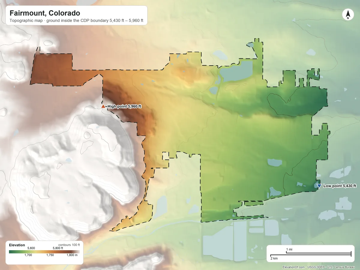 Topographic elevation map of Fairmount, Colorado, shaded from 5,430 ft on the southeast side to 5,960 ft on the west edge, below higher ground just outside