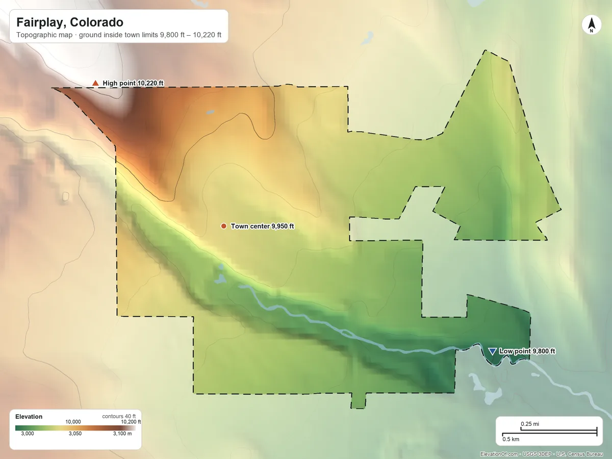 Topographic elevation map of Fairplay, Colorado, shaded from 9,800 ft on the southeast side to 10,220 ft at the foot of the Mosquito Range