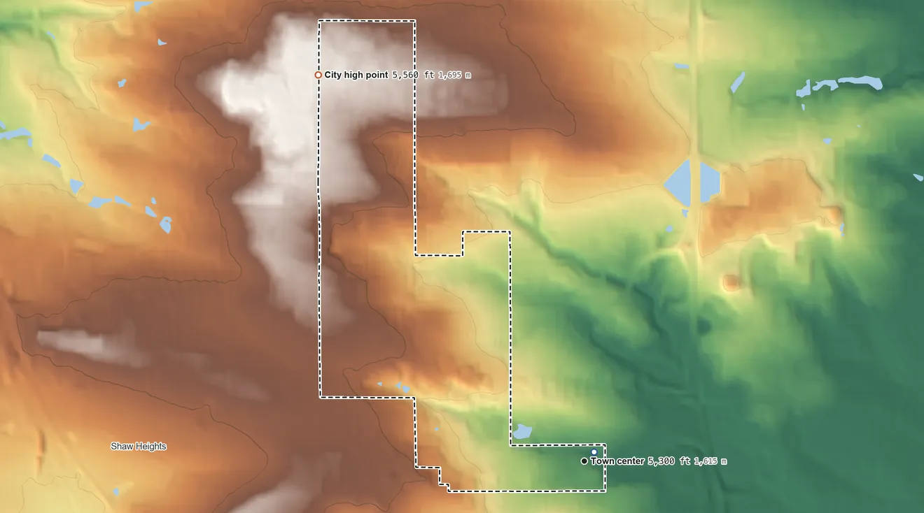 Topographic elevation map of Federal Heights, Colorado, shaded from 5,280 ft near the middle to 5,560 ft on the northwest side