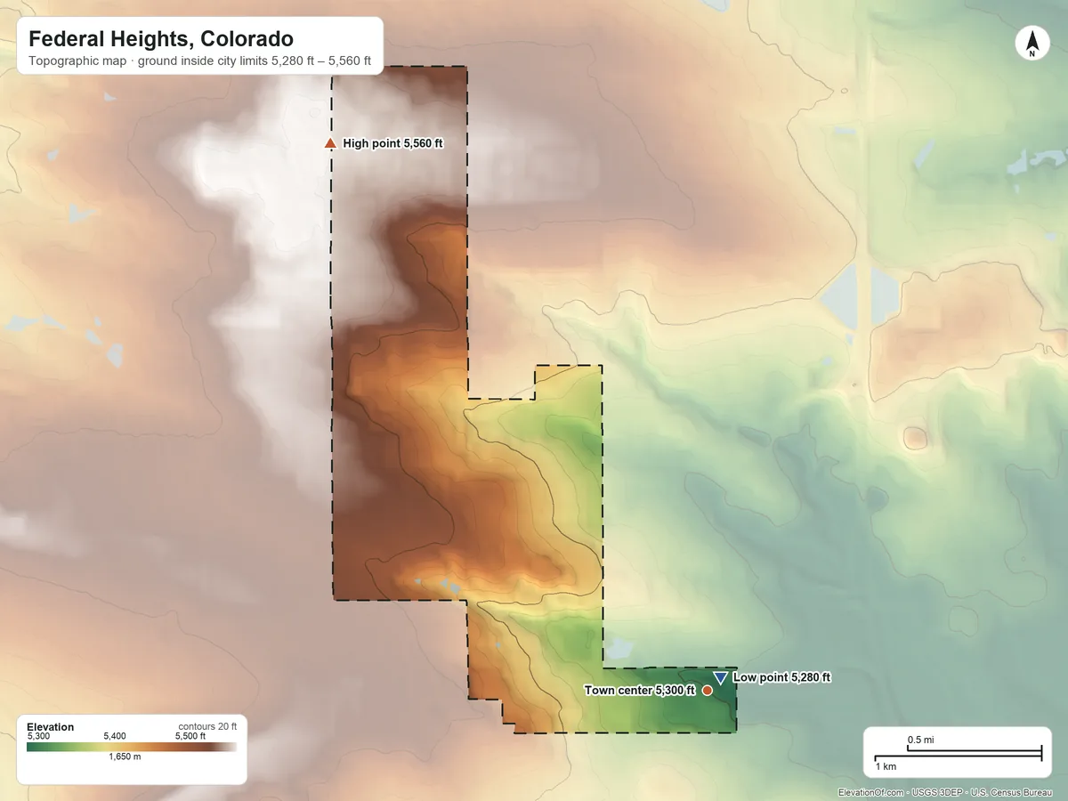 Topographic elevation map of Federal Heights, Colorado, shaded from 5,280 ft near the middle to 5,560 ft on the northwest side