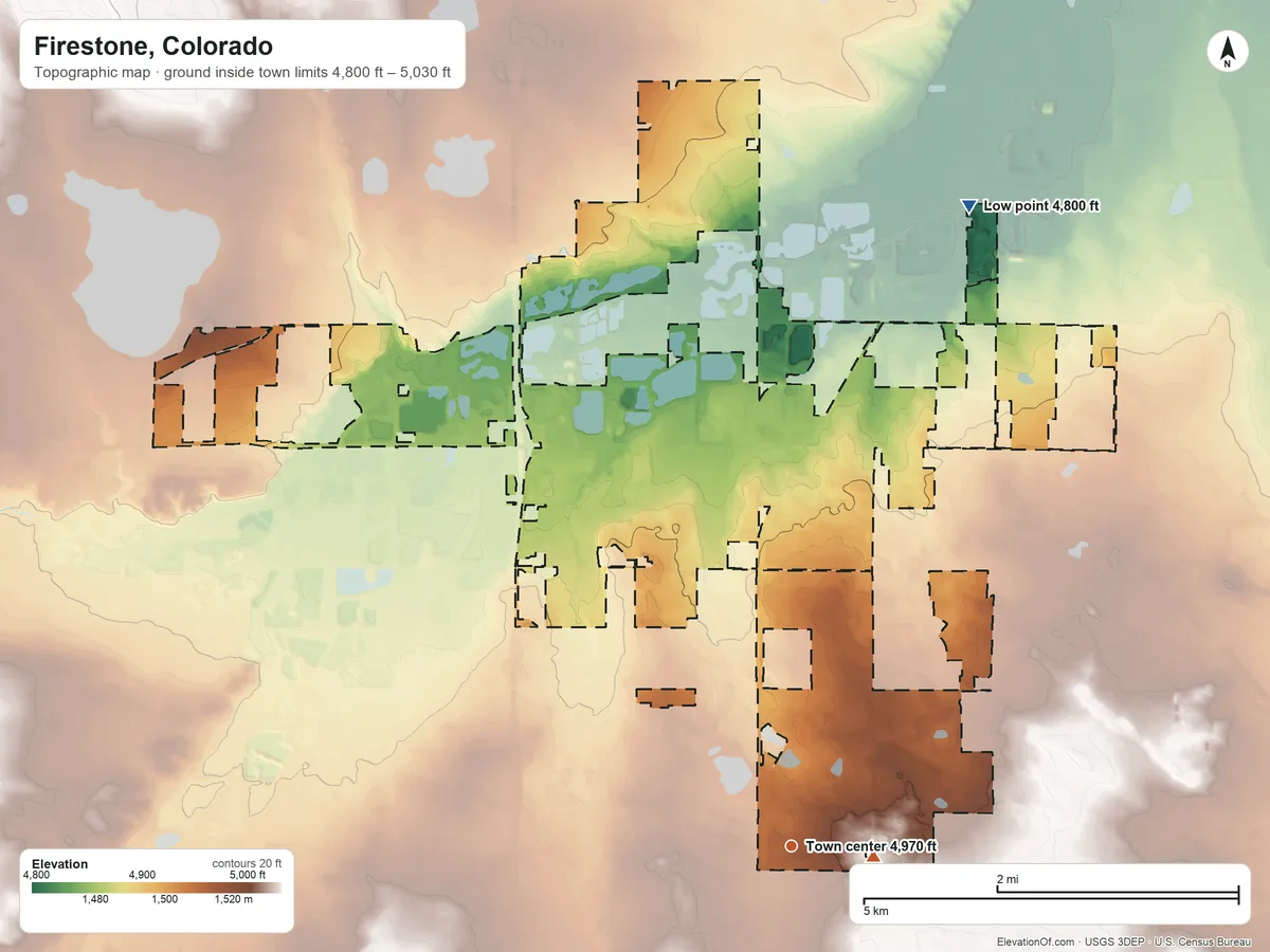Topographic elevation map of Firestone, Colorado, shaded from 4,800 ft on the north side to 5,030 ft near the middle