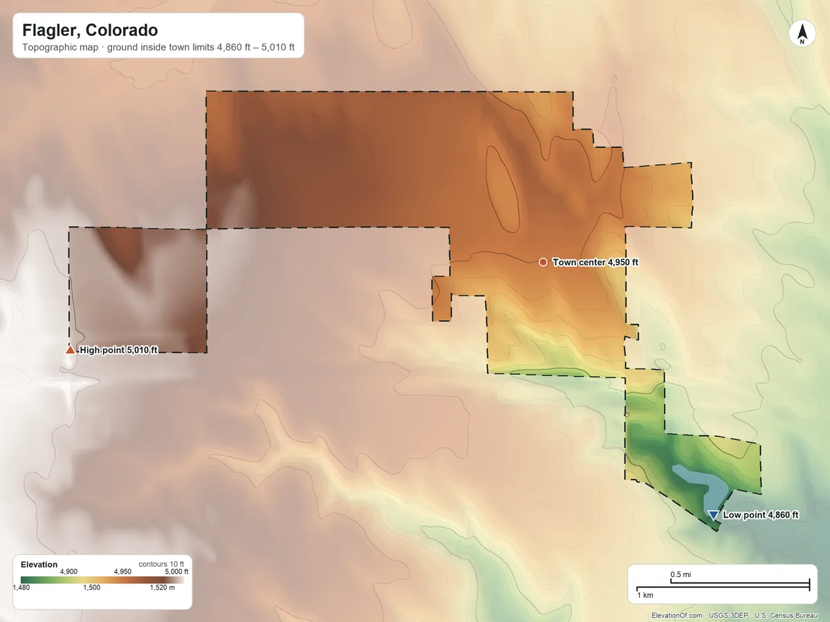 Topographic elevation map of Flagler, Colorado, shaded from 4,860 ft on the southeast side to 5,010 ft on the west side