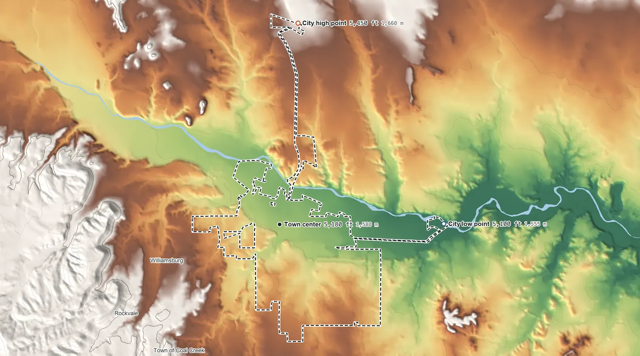 Topographic elevation map of Florence, Colorado, shaded from 5,100 ft on the east side to 5,450 ft on the north side