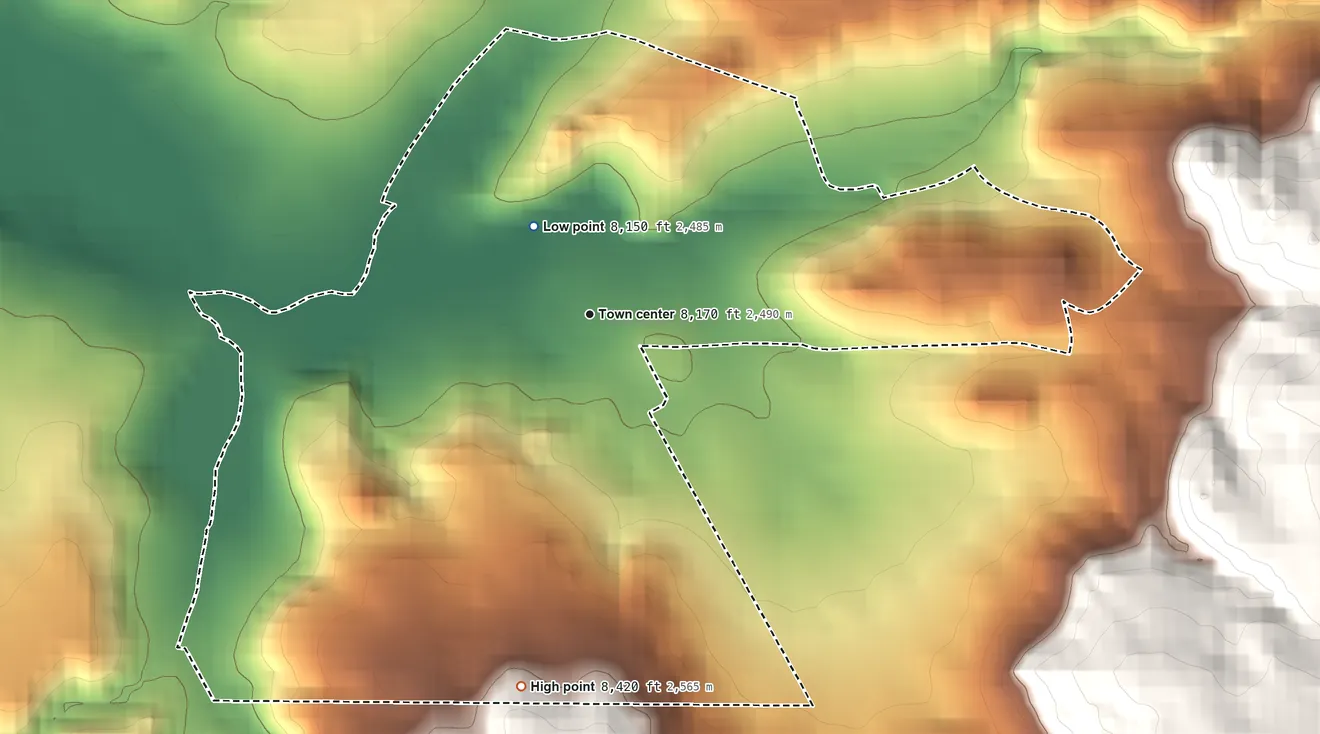 Topographic elevation map of Florissant, Colorado, shaded from 8,150 ft near the middle to 8,420 ft at the foot of the Granite Hills