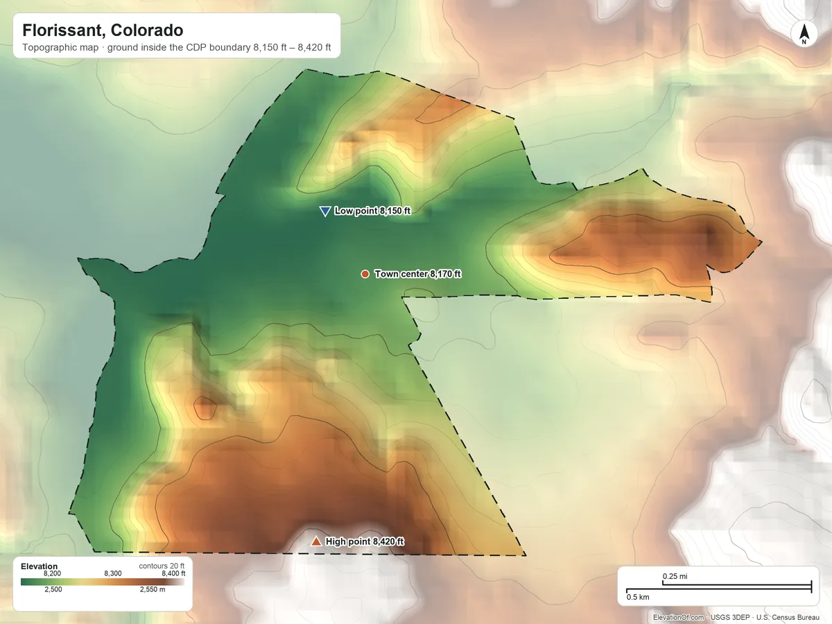 Topographic elevation map of Florissant, Colorado, shaded from 8,150 ft near the middle to 8,420 ft at the foot of the Granite Hills