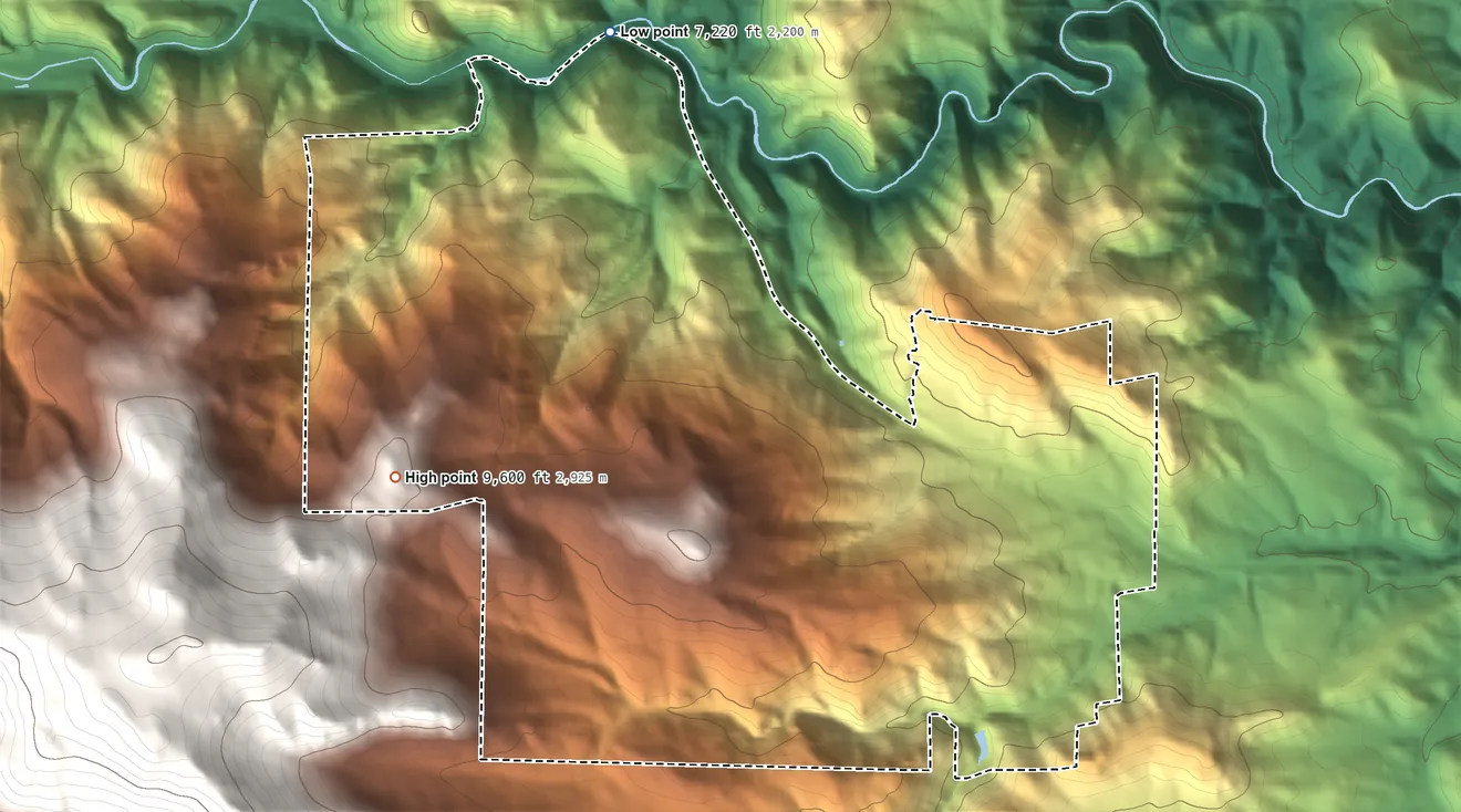 Topographic elevation map of Floyd Hill, Colorado, shaded from 7,220 ft on the northwest side to 9,600 ft on the west edge, below higher ground just outside