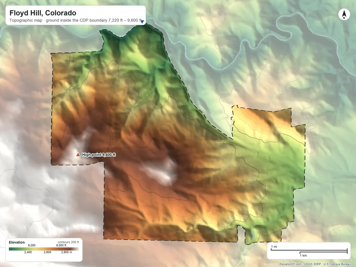 Topographic elevation map of Floyd Hill, Colorado, shaded from 7,220 ft on the northwest side to 9,600 ft on the west edge, below higher ground just outside