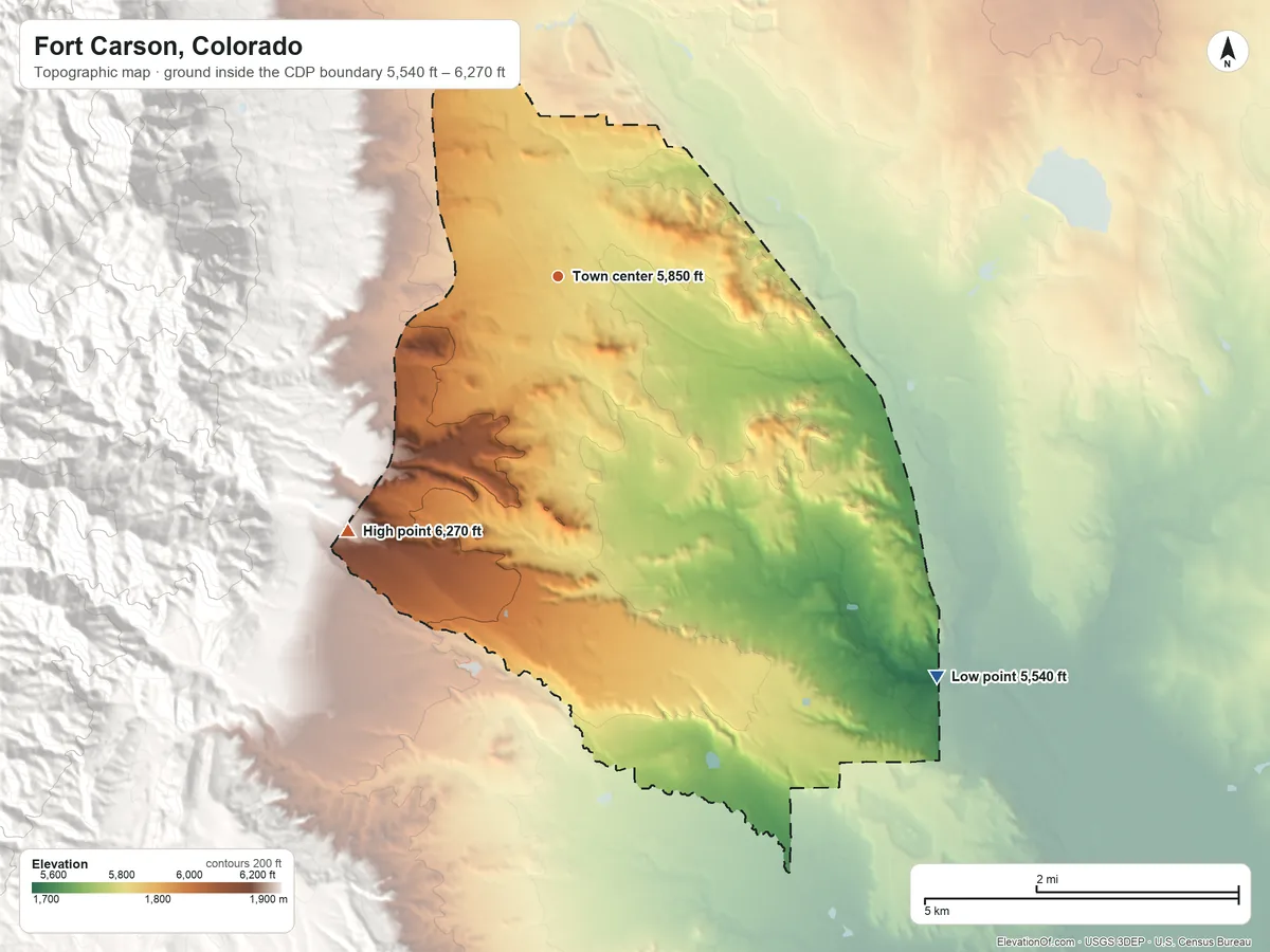 Topographic elevation map of Fort Carson, Colorado, shaded from 5,540 ft on the southeast side to 6,270 ft on the southwest edge, below higher ground just outside