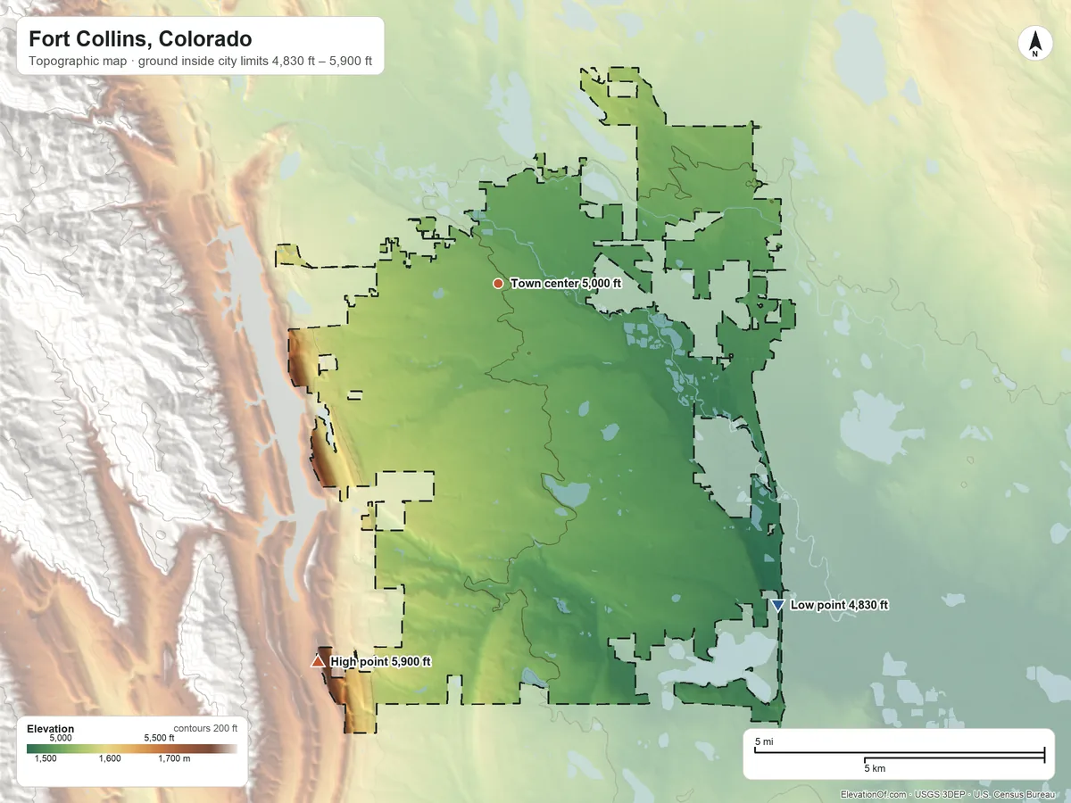 Topographic elevation map of Fort Collins, Colorado, shaded from 4,830 ft on the southeast side to 5,900 ft on the southwest edge, below higher ground just outside