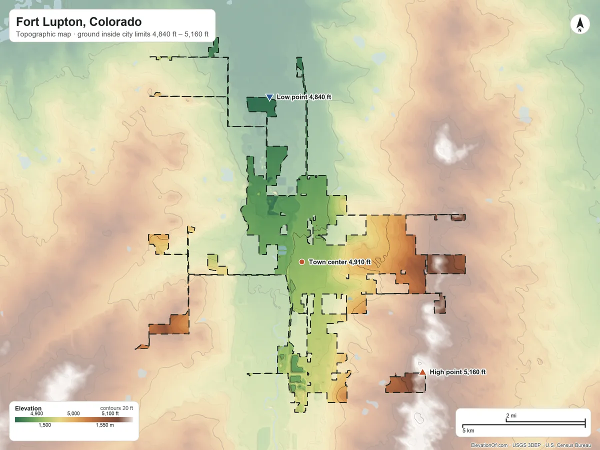 Topographic elevation map of Fort Lupton, Colorado, shaded from 4,840 ft on the north side to 5,160 ft on the southeast side