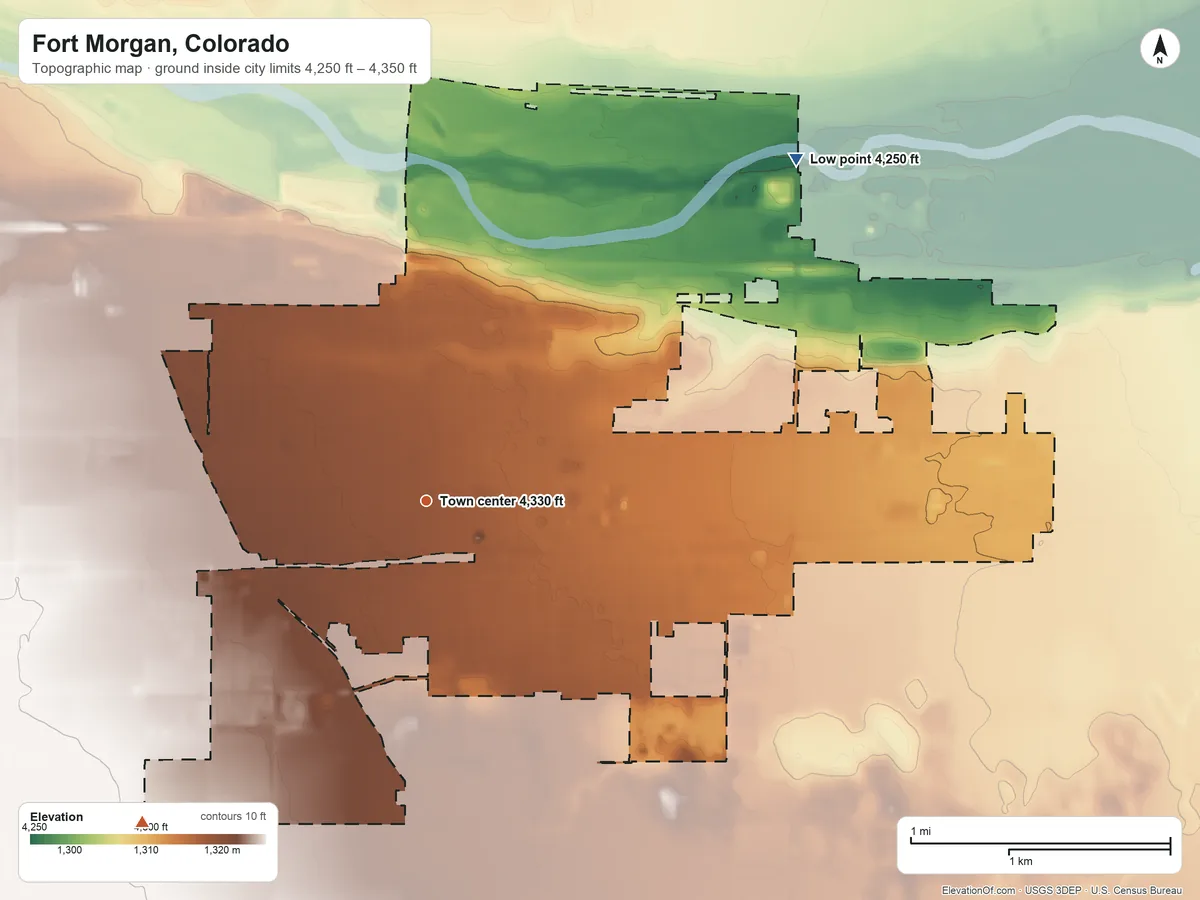 Topographic elevation map of Fort Morgan, Colorado, shaded from 4,250 ft on the northeast side to 4,350 ft on the southwest side