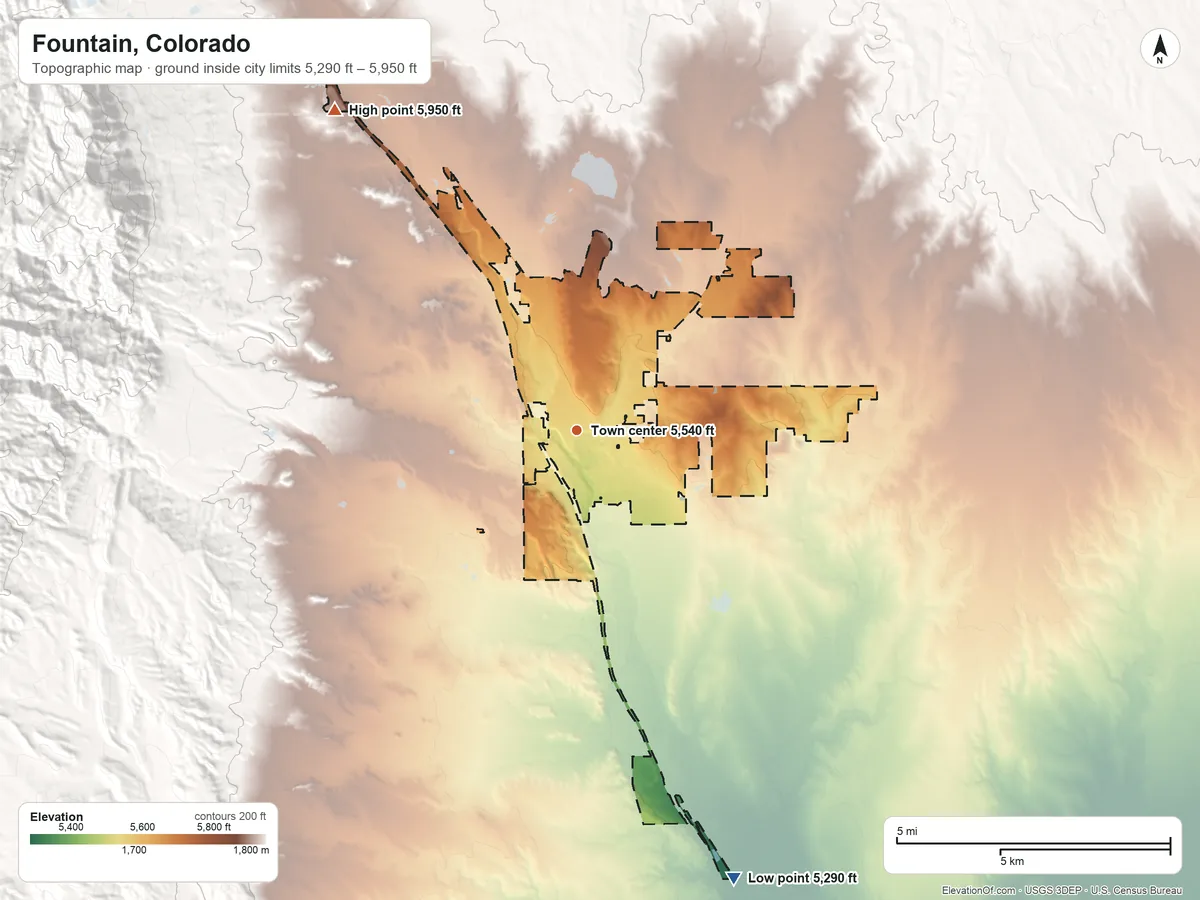 Topographic elevation map of Fountain, Colorado, shaded from 5,290 ft on the south side to 5,950 ft on the northwest side
