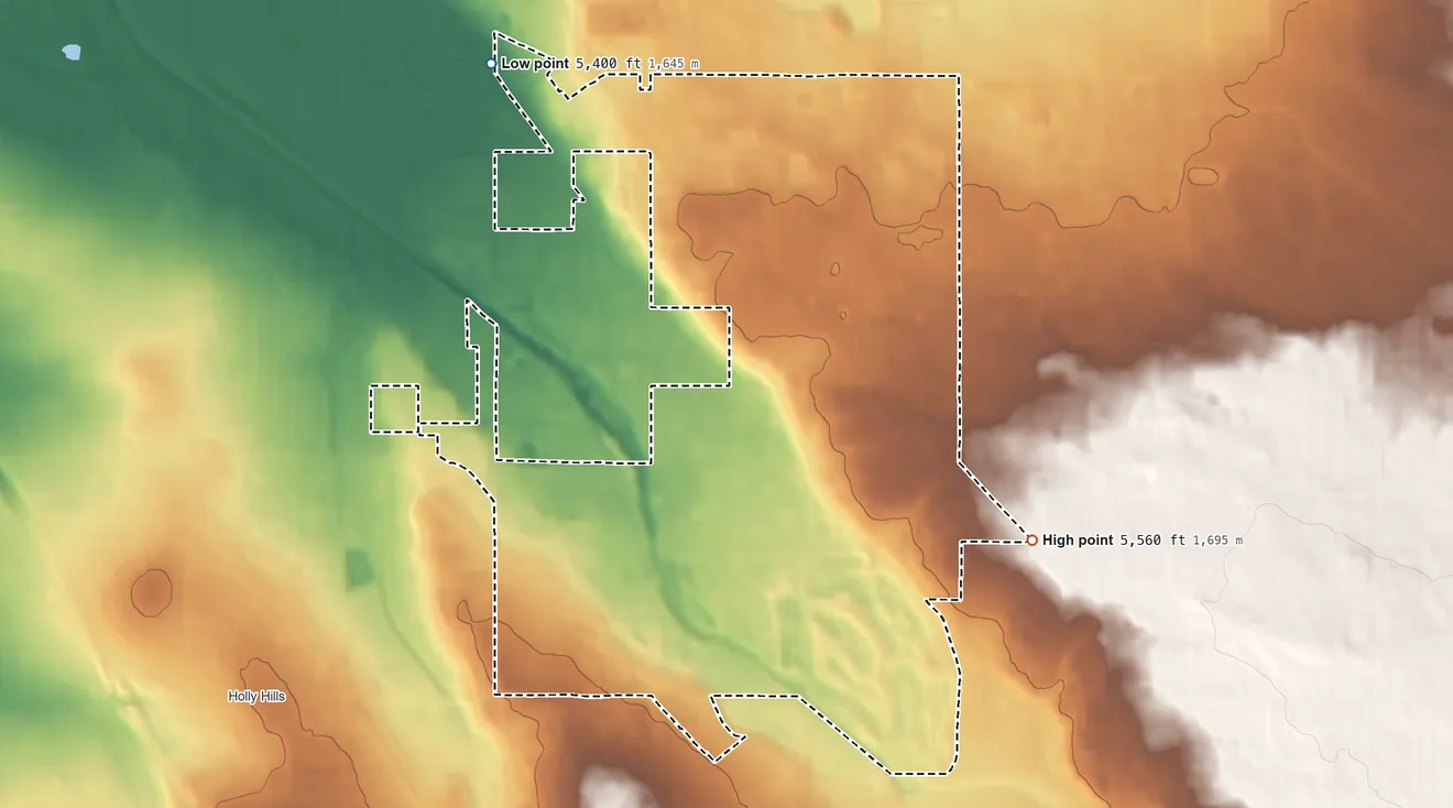 Topographic elevation map of Four Square Mile, Colorado, shaded from 5,400 ft on the northwest side to 5,560 ft on the east side