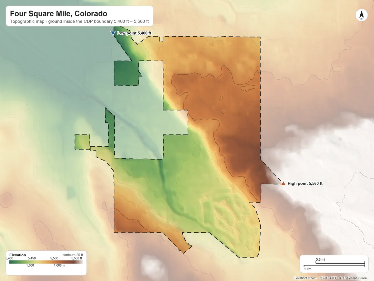 Topographic elevation map of Four Square Mile, Colorado, shaded from 5,400 ft on the northwest side to 5,560 ft on the east side