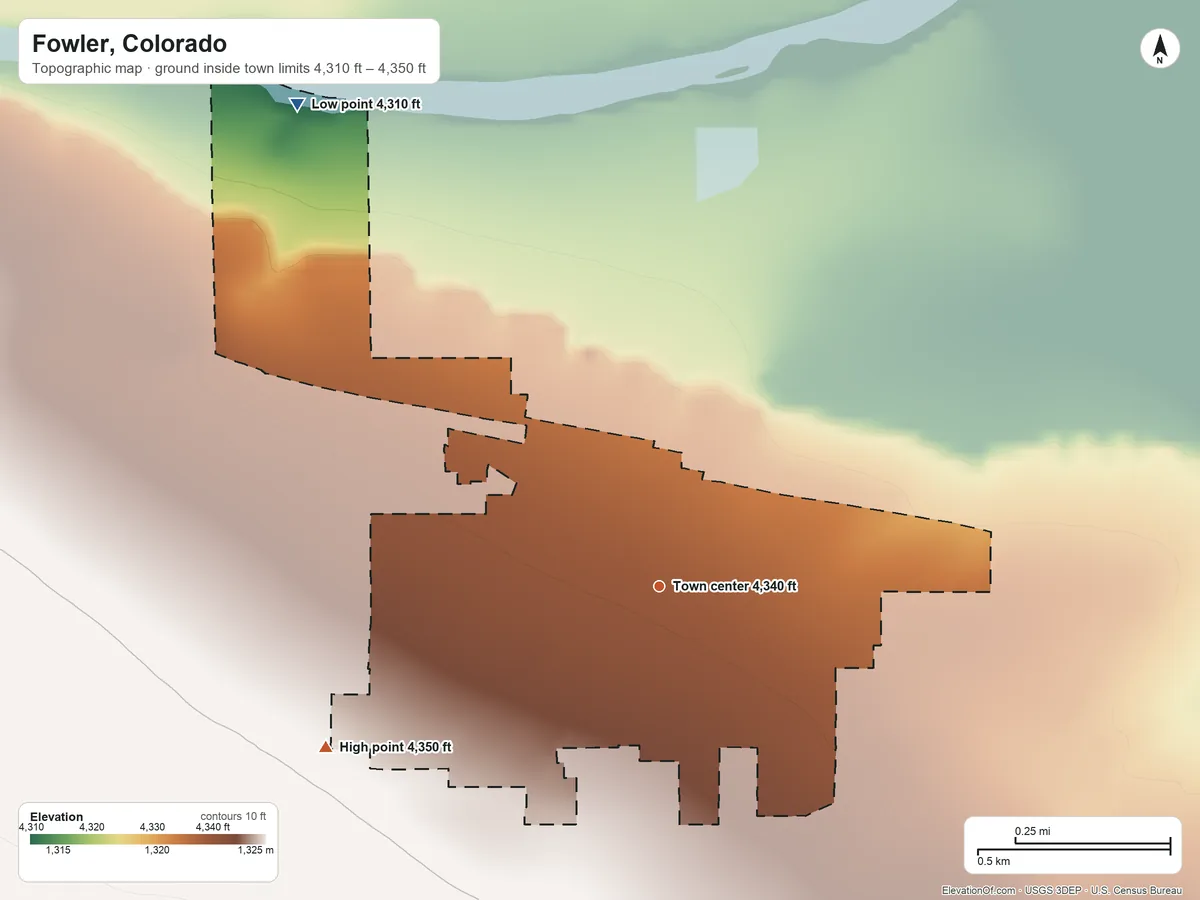 Topographic elevation map of Fowler, Colorado, shaded from 4,310 ft on the northwest side to 4,350 ft on the southwest side