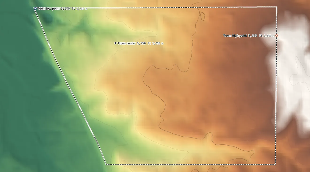 Topographic elevation map of Foxfield, Colorado, shaded from 5,670 ft on the northwest side to 5,900 ft on the east side