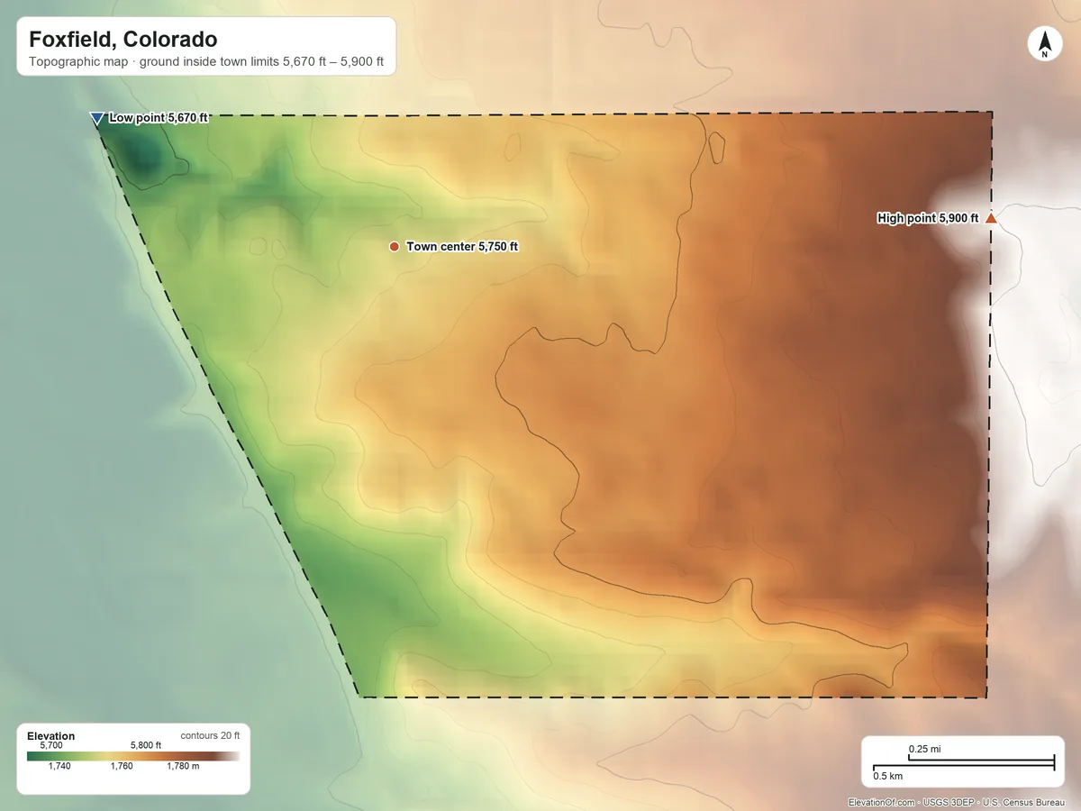 Topographic elevation map of Foxfield, Colorado, shaded from 5,670 ft on the northwest side to 5,900 ft on the east side