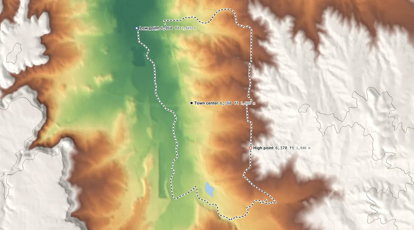 Topographic elevation map of Franktown, Colorado, shaded from 6,060 ft on the northwest side to 6,370 ft on the southeast side