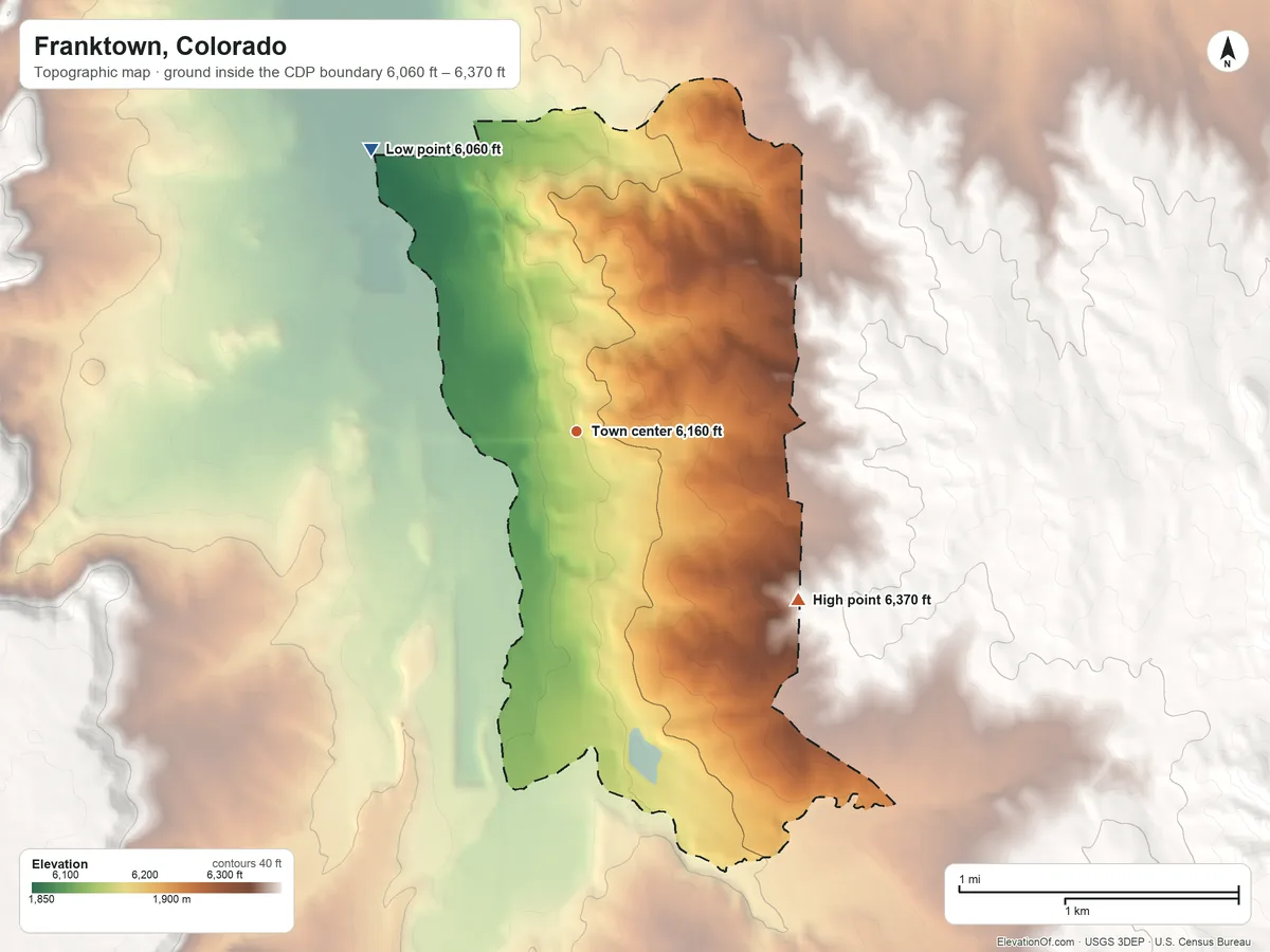 Topographic elevation map of Franktown, Colorado, shaded from 6,060 ft on the northwest side to 6,370 ft on the southeast side