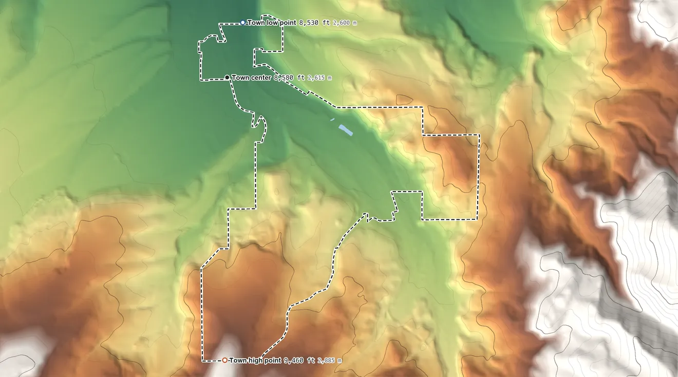 Topographic elevation map of Fraser, Colorado, shaded from 8,530 ft on the north side to 9,460 ft at the foot of the Indian Peaks